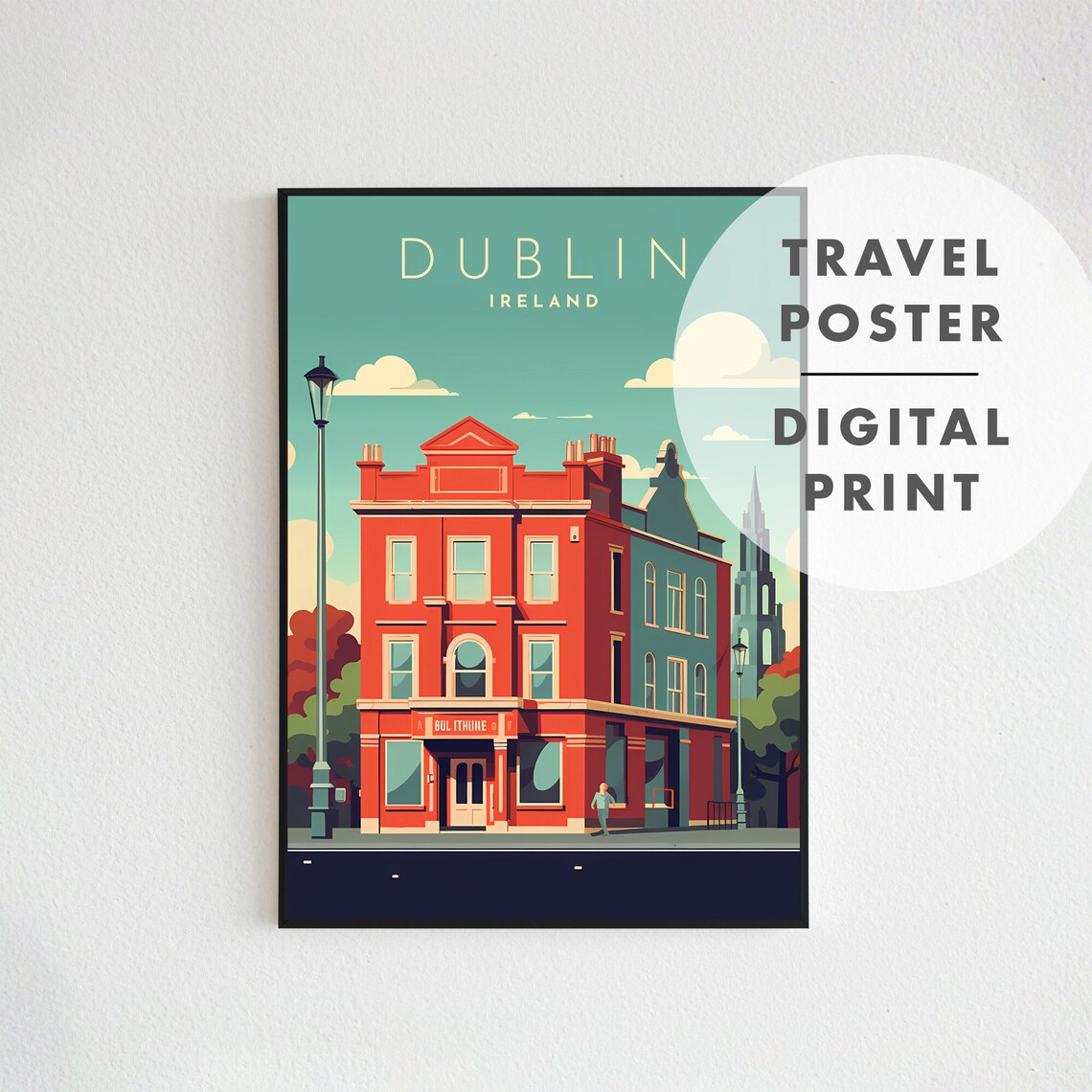 Dublin Ireland Red Brick Pub Corner Retro City Travel Poster - Image 2