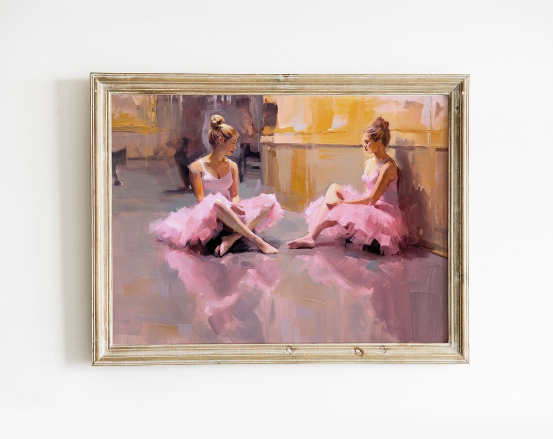 Two Ballerinas in Pink Tutus Resting on Studio Floor Oil Painting Poster