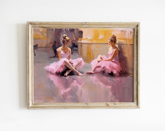 Two Ballerinas in Pink Tutus Resting on Studio Floor Oil Painting Poster