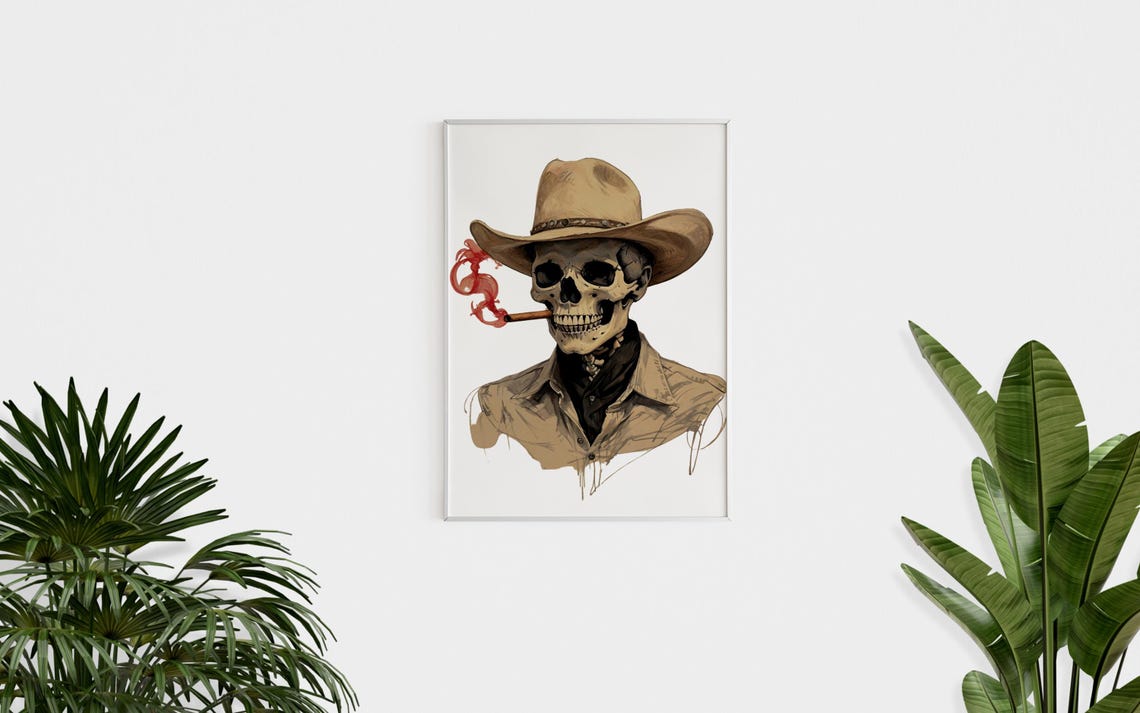 Skeleton Cowboy with Hat Smoking Cigar Western Eclectic Wall Art Print - Image 4
