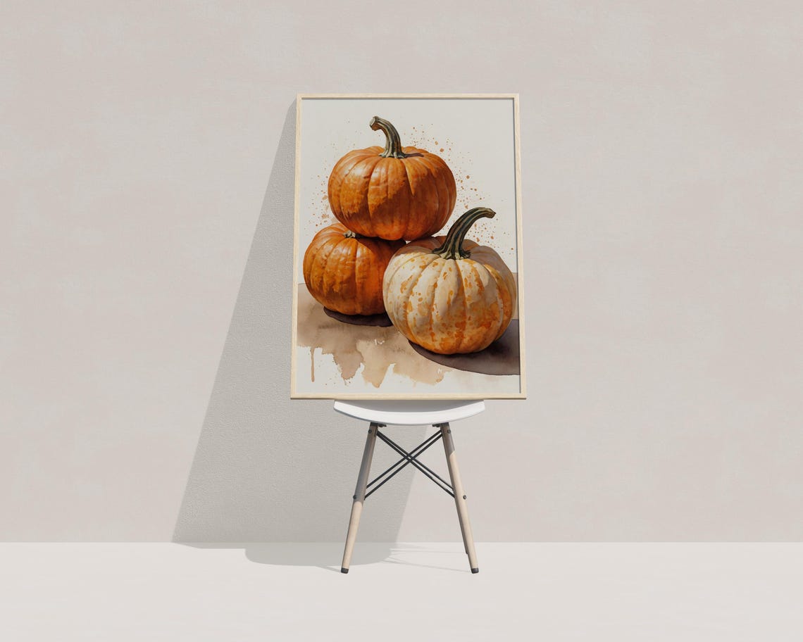 Three Pumpkins Watercolor Still Life Fall Autumn Harvest Wall Art - Image 4