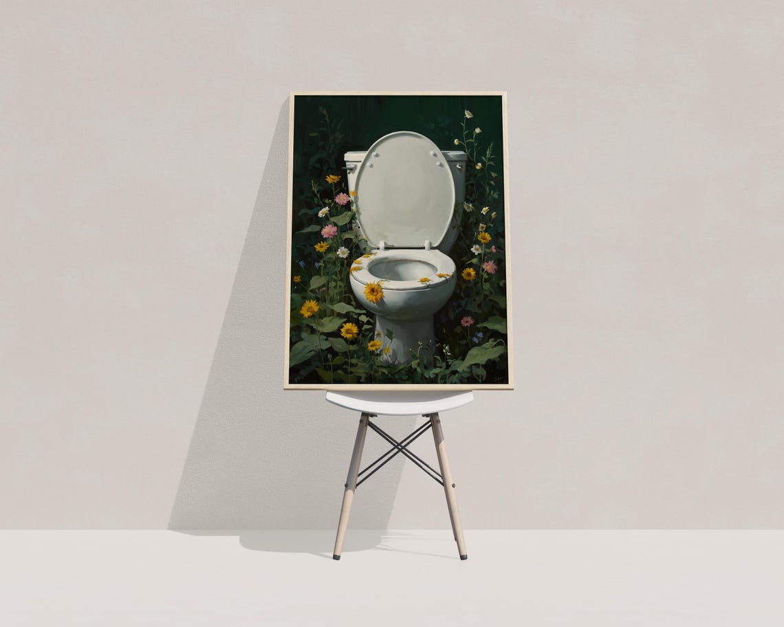 Toilet In Blooming Wildflowers Dark Green Moody Funny Bathroom Poster - Image 3