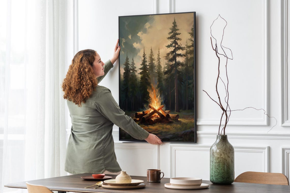 Rustic Campfire Poster Trendy Art Prints Pine Tree Art Vintage Forest Art Retro Wall Art Cabin Wall Decor Campfire Art Prints - Image 5