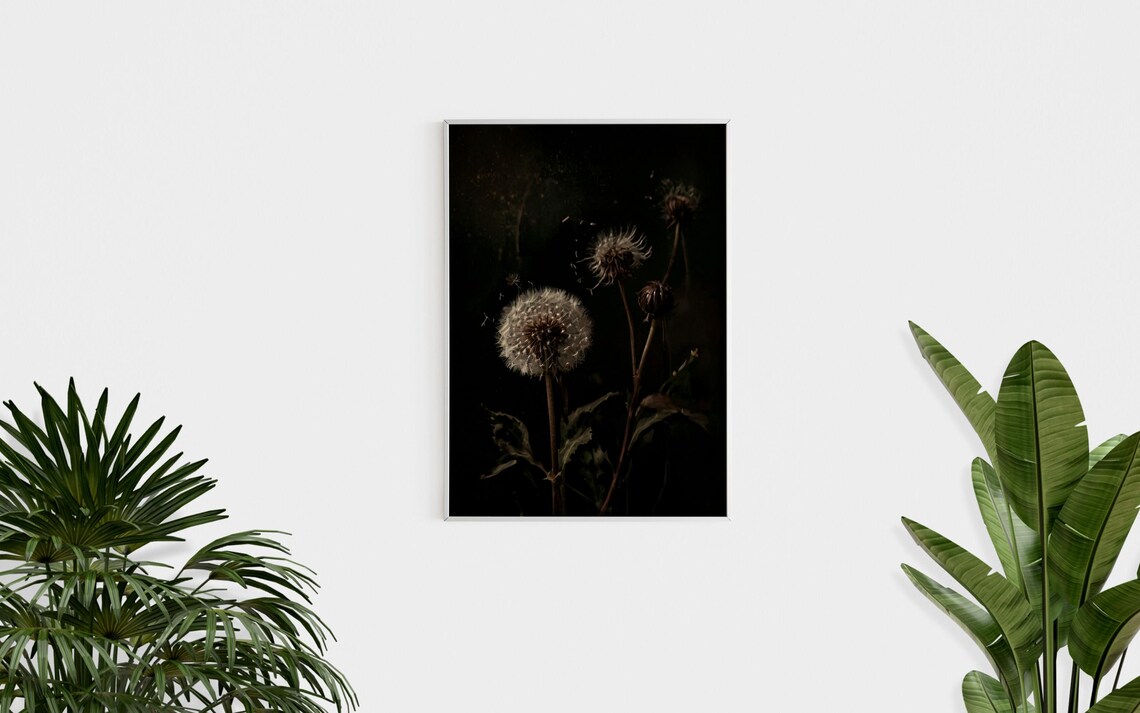 Dandelion on Black Moody Dark Botanical Floral Photography Wall Art - Image 3