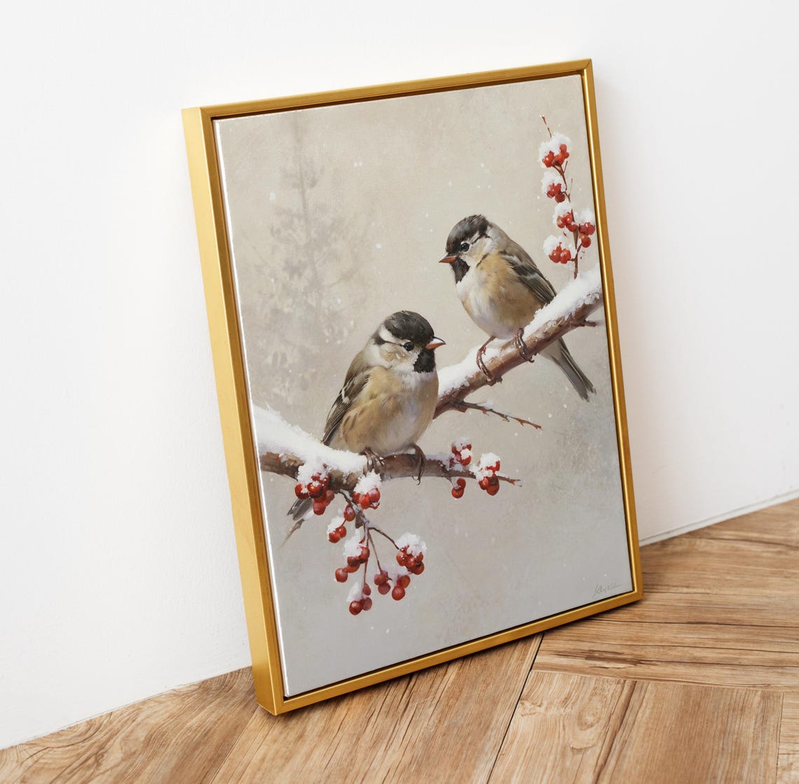 Two Winter Birds on Snowy Branch with Red Berries Bird Wall Art Print - Image 5