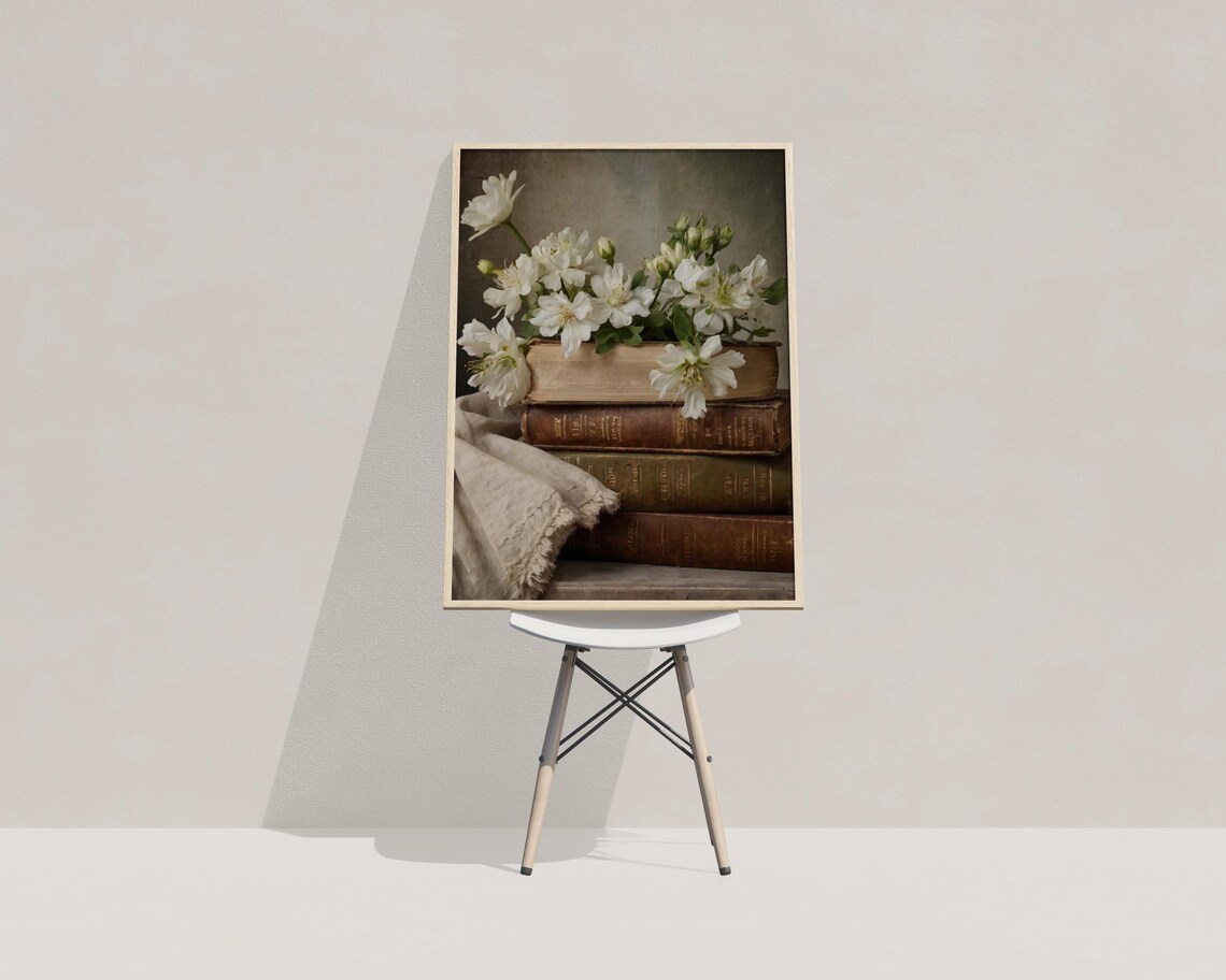 White Flowers Antique Books Stack Dark Academia Still Life Photo Poster - Image 3