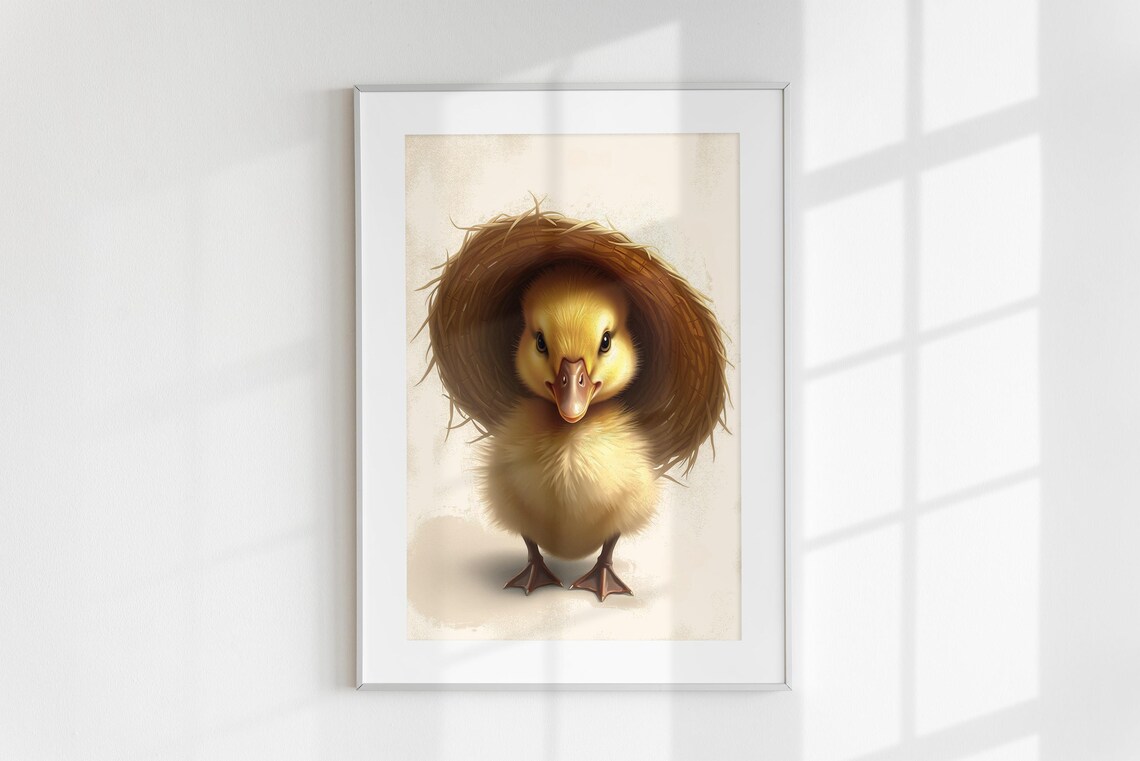 Cute Baby Duck Wearing Straw Hat Nursery Farmhouse Wall Art Print - Image 6