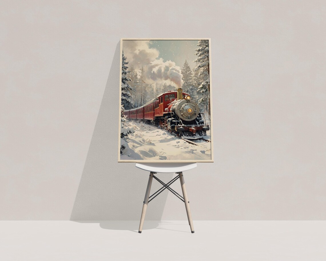 Vintage Red Steam Train in Snowy Forest Winter Holiday Wall Art Poster - Image 4