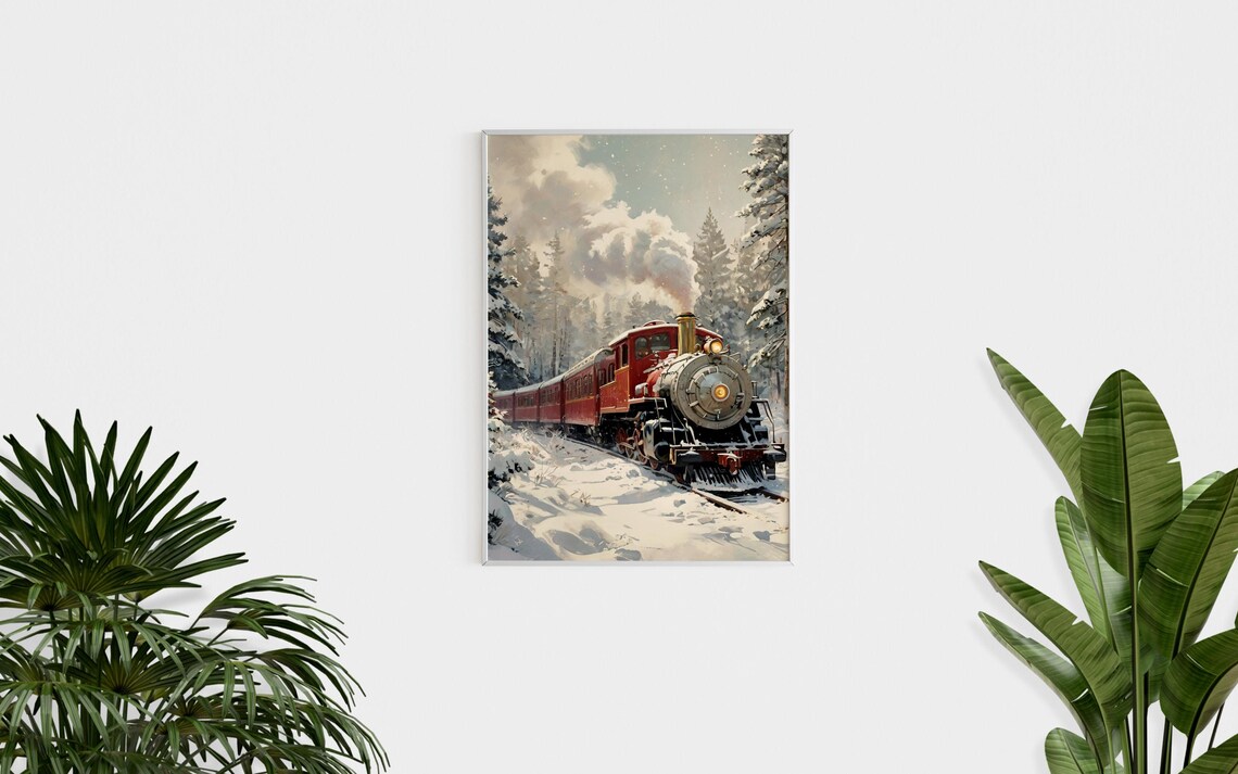 Vintage Red Steam Train in Snowy Forest Winter Holiday Wall Art Poster - Image 3