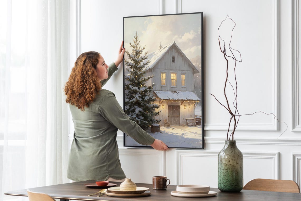 Snowy White Barn Christmas Winter Farmhouse Holiday Painting Wall Art - Image 5