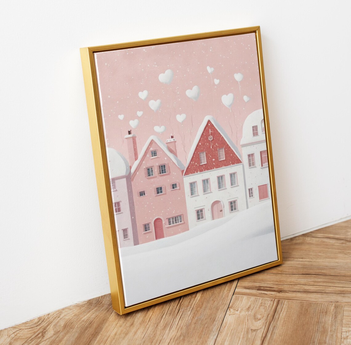 Pink Valentine Village with Heart Balloons Snowy Cute Wall Art Poster - Image 5