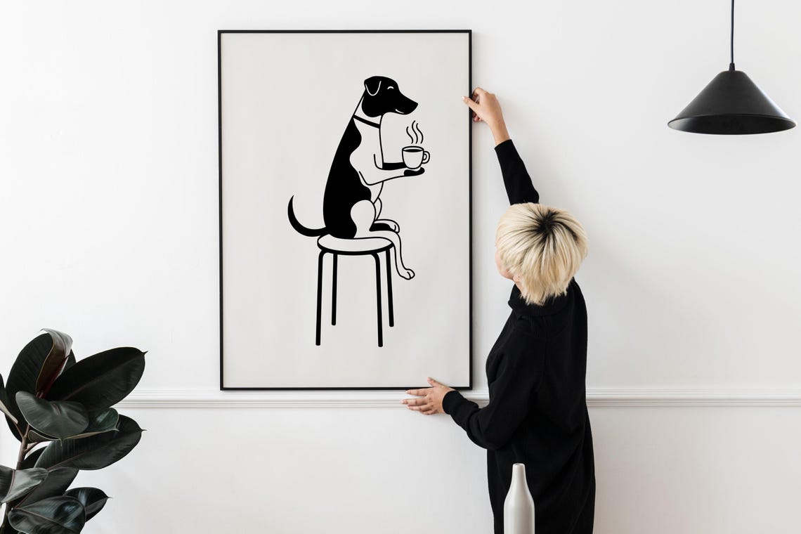 Dog Drinking Coffee Minimalist Line Art Funny Dog Lover Wall Art - Image 2