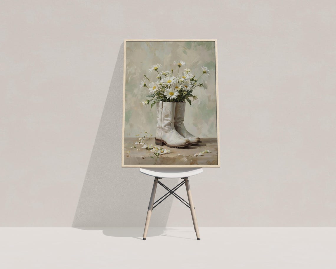 White Cowboy Boots Filled with White Daisies Rustic Western Art Poster - Image 4