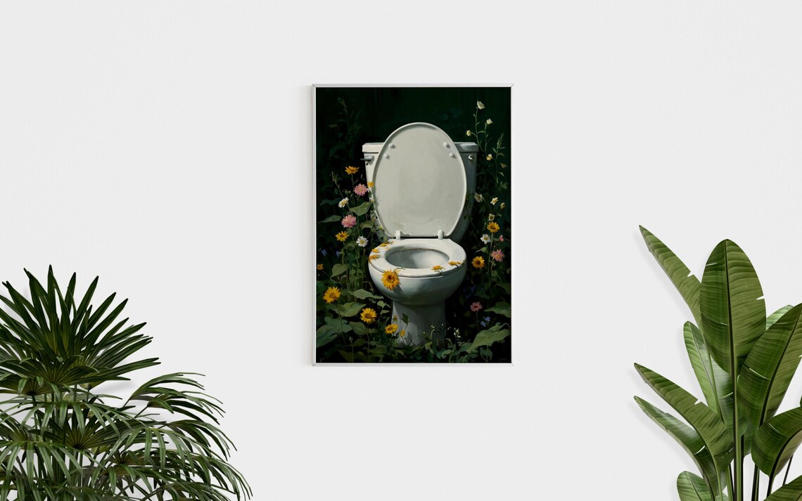 Toilet In Blooming Wildflowers Dark Green Moody Funny Bathroom Poster - Image 2