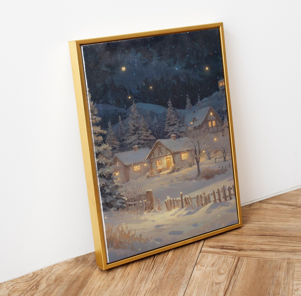 Snowy Village at Night with Glowing Windows and Starry Sky Poster - Image 6