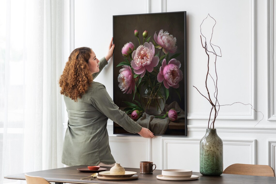 Pink Peonies Glass Vase Oil Painting Dark Background Floral Poster - Image 4