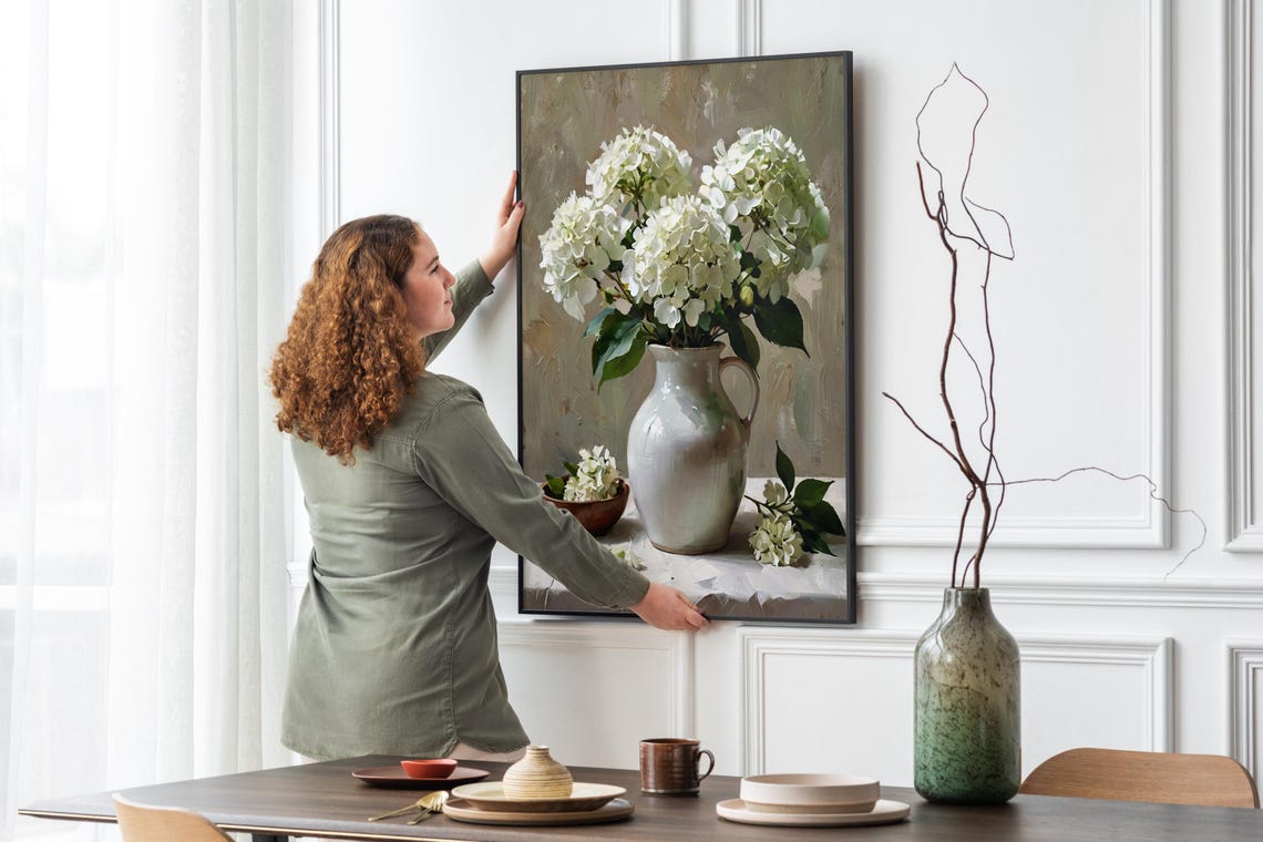 White Hydrangea Bouquet Ceramic Pitcher Oil Painting Floral Poster - Image 4