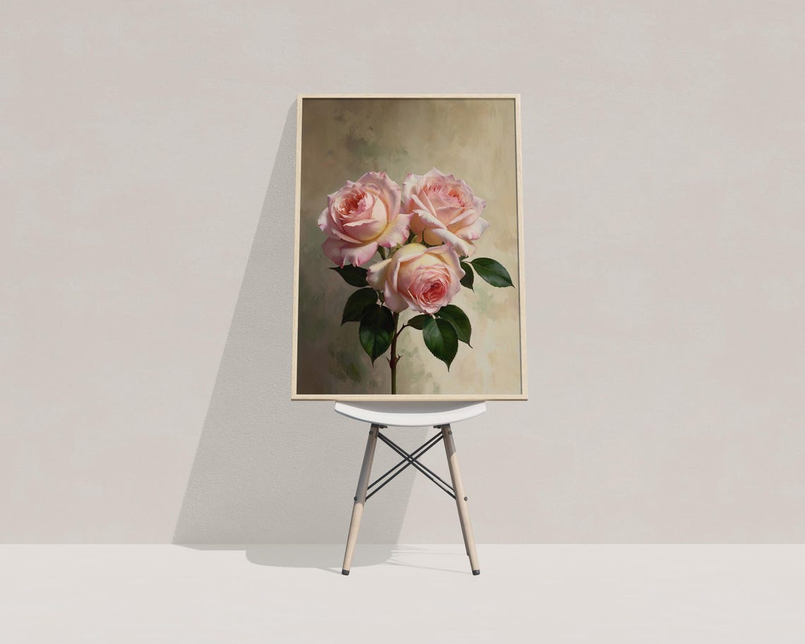 Blush Pink Roses Three Blooms Oil Painting Floral Romantic Poster - Image 3