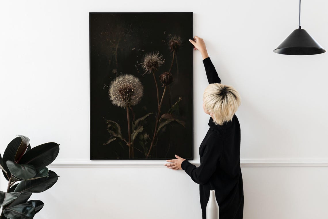 Dandelion on Black Moody Dark Botanical Floral Photography Wall Art - Image 2
