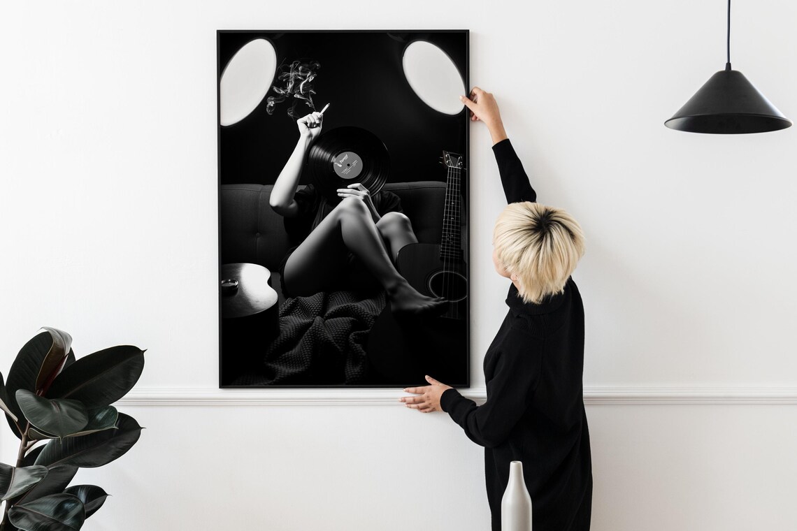Black White Woman Vinyl Record Guitar Smoking Cigarette Photo Poster - Image 2