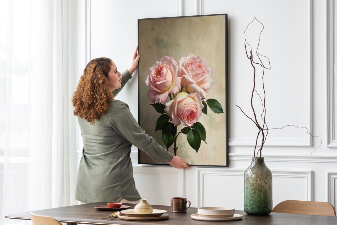 Blush Pink Roses Three Blooms Oil Painting Floral Romantic Poster - Image 4