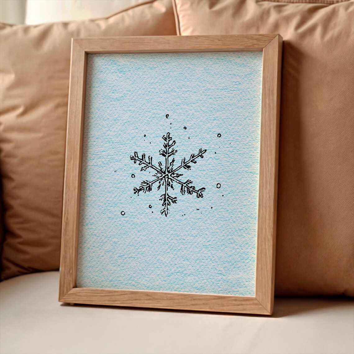 Winter Snowflake Line Art Drawing on Blue Textured Paper Poster