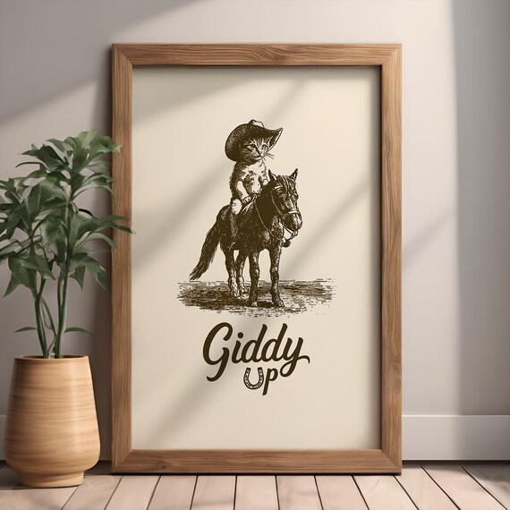 Giddy Up Cowboy Cat Riding Horse Funny Vintage Western Poster