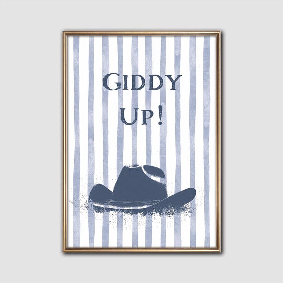 Cowboy Hat Wall Art Giddy Up Western Print Blue Stripes