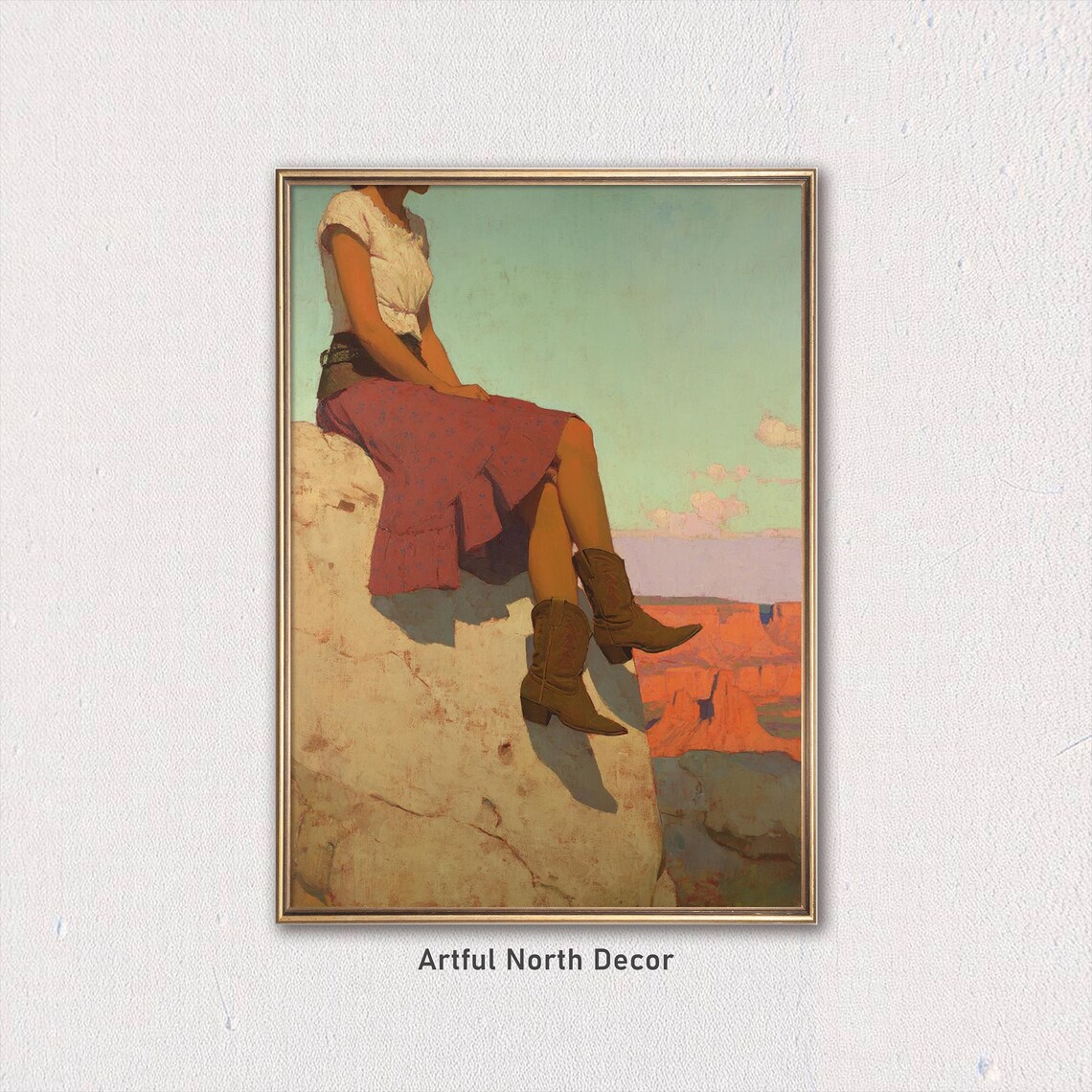 Young Cowgirl Sitting On Canyon Rock Cowboy Boots Western Poster