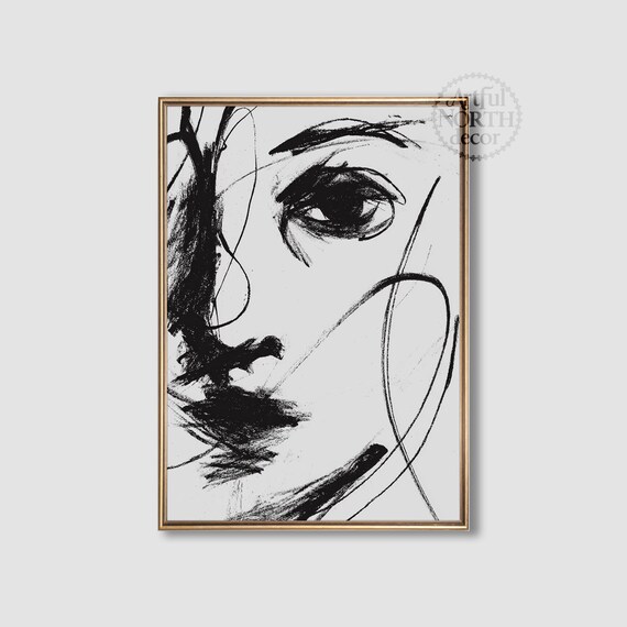 Abstract Woman Face Sketch Black Ink Minimalist Line Art Poster