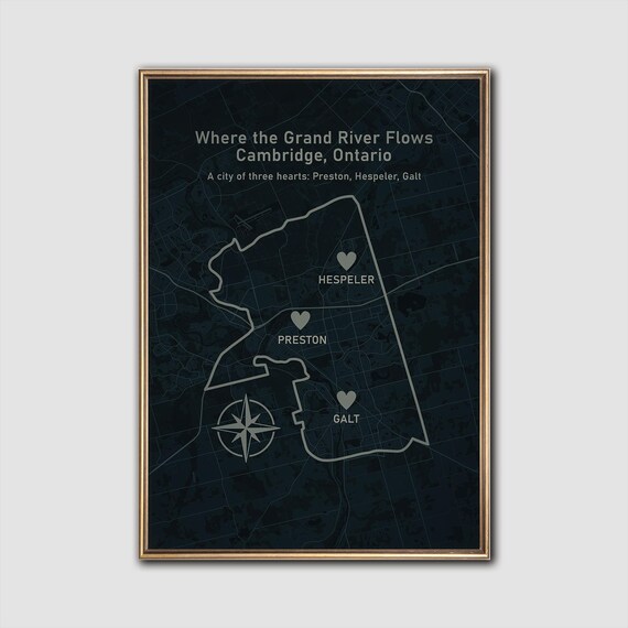 Cambridge Ontario Map Three Hearts City Wall Art