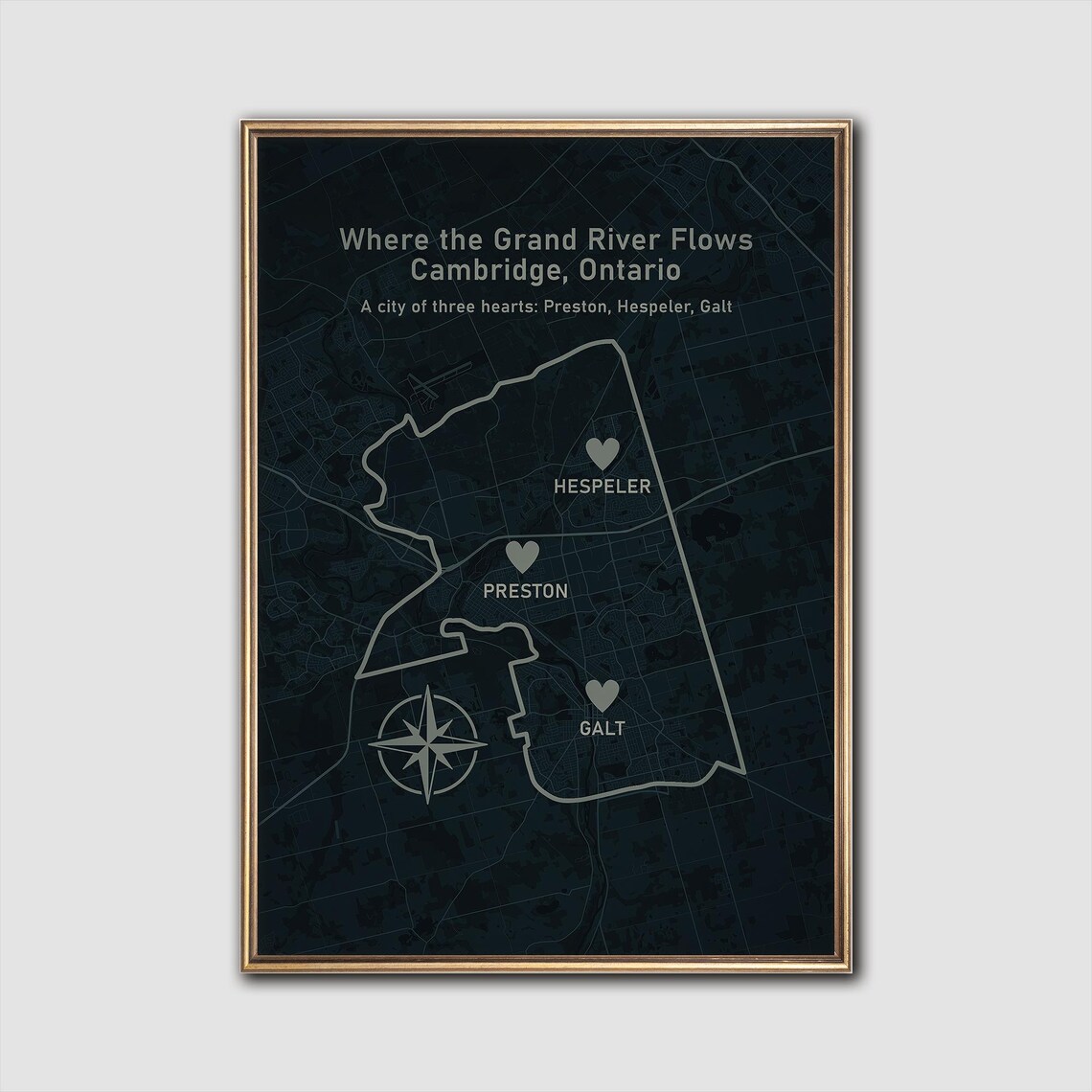 Cambridge Ontario Map Three Hearts City Wall Art