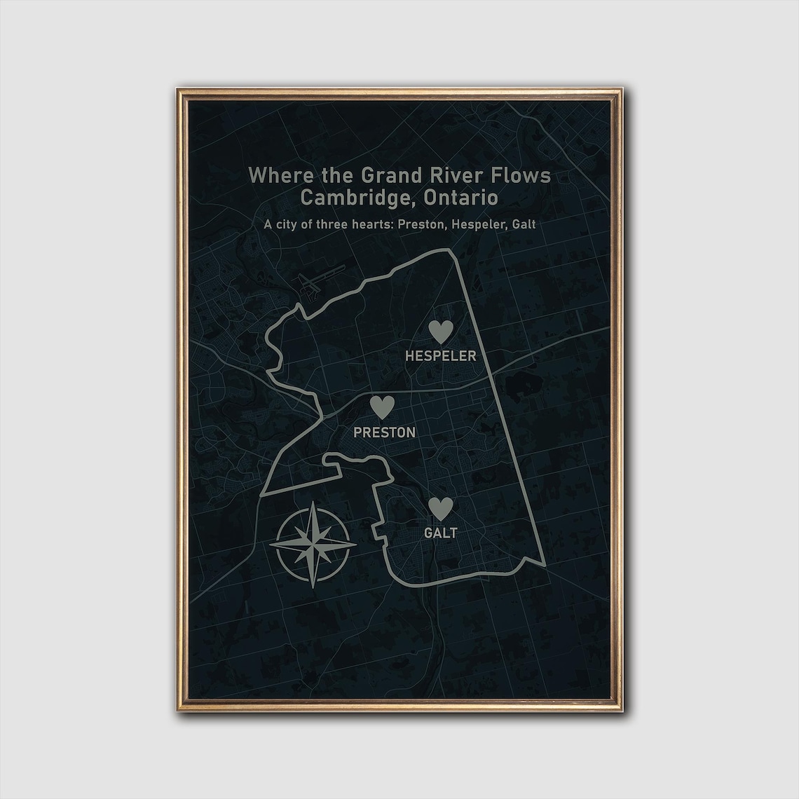 Love Cambridge Ontario Grand River Three Hearts City Map Poster