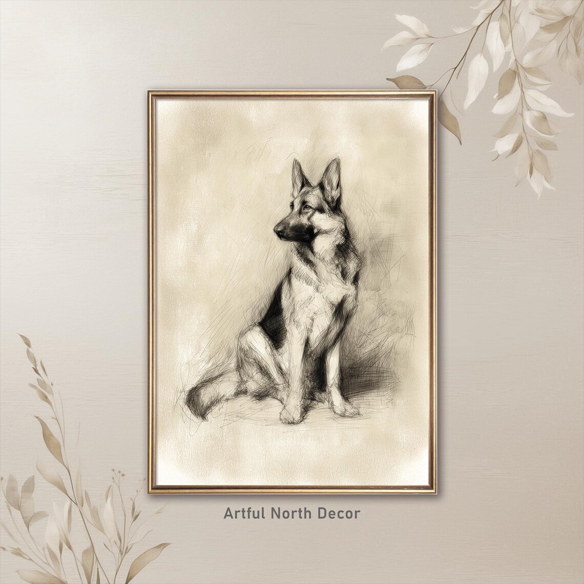 German Shepherd Sketch Vintage Canine Portrait Art Print