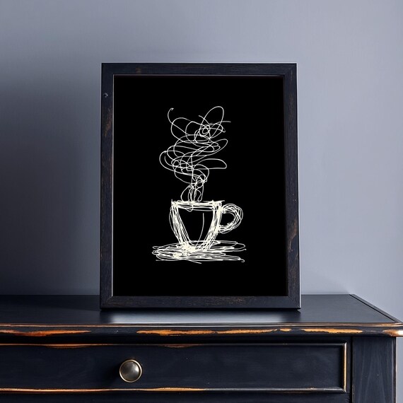 Scribbled Steam Abstract Coffee Cup Line Art Black Kitchen Print