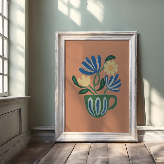 Floral Coffee Mug Illustration Blue Daisy Terracotta Retro Art Poster