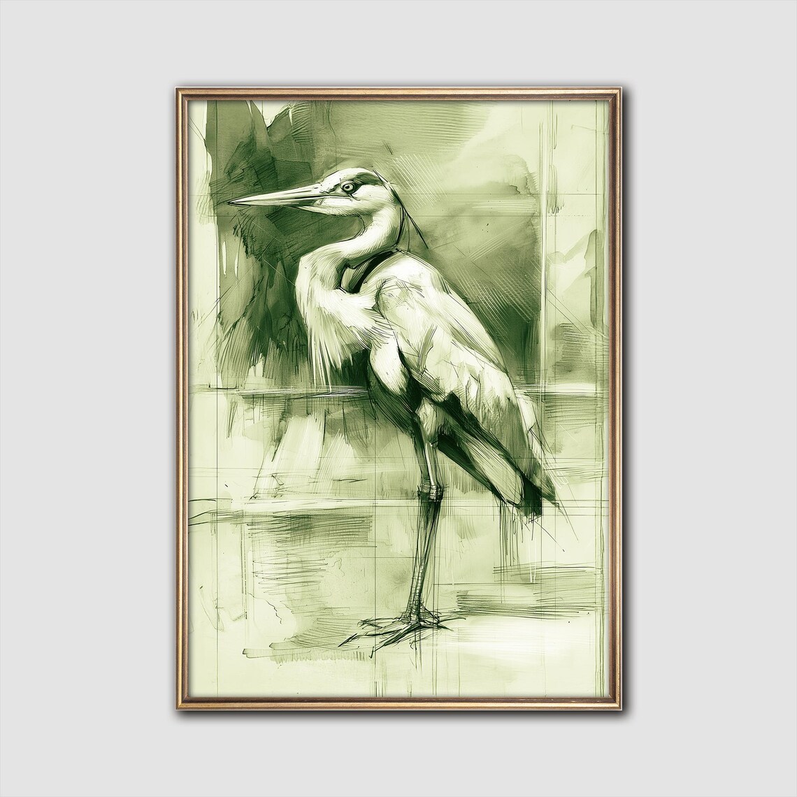 Crane Watercolor Sketch, Japandi Nature Art Print