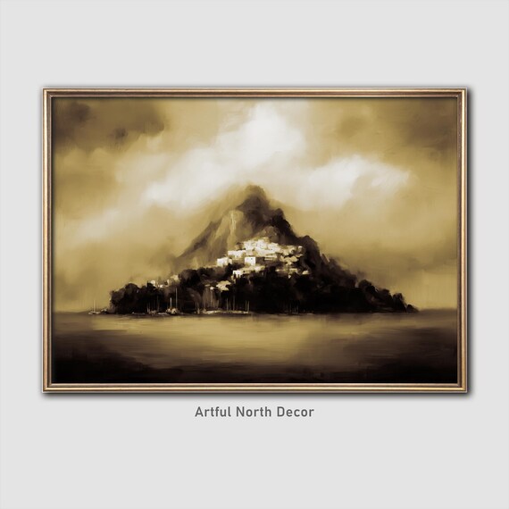 Misty Island Village Moody Sepia Coastal Landscape Painting Poster