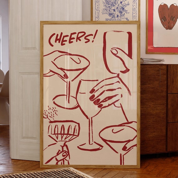 Handdrawn Red Cheers Poster, French Eclectic Kitchen