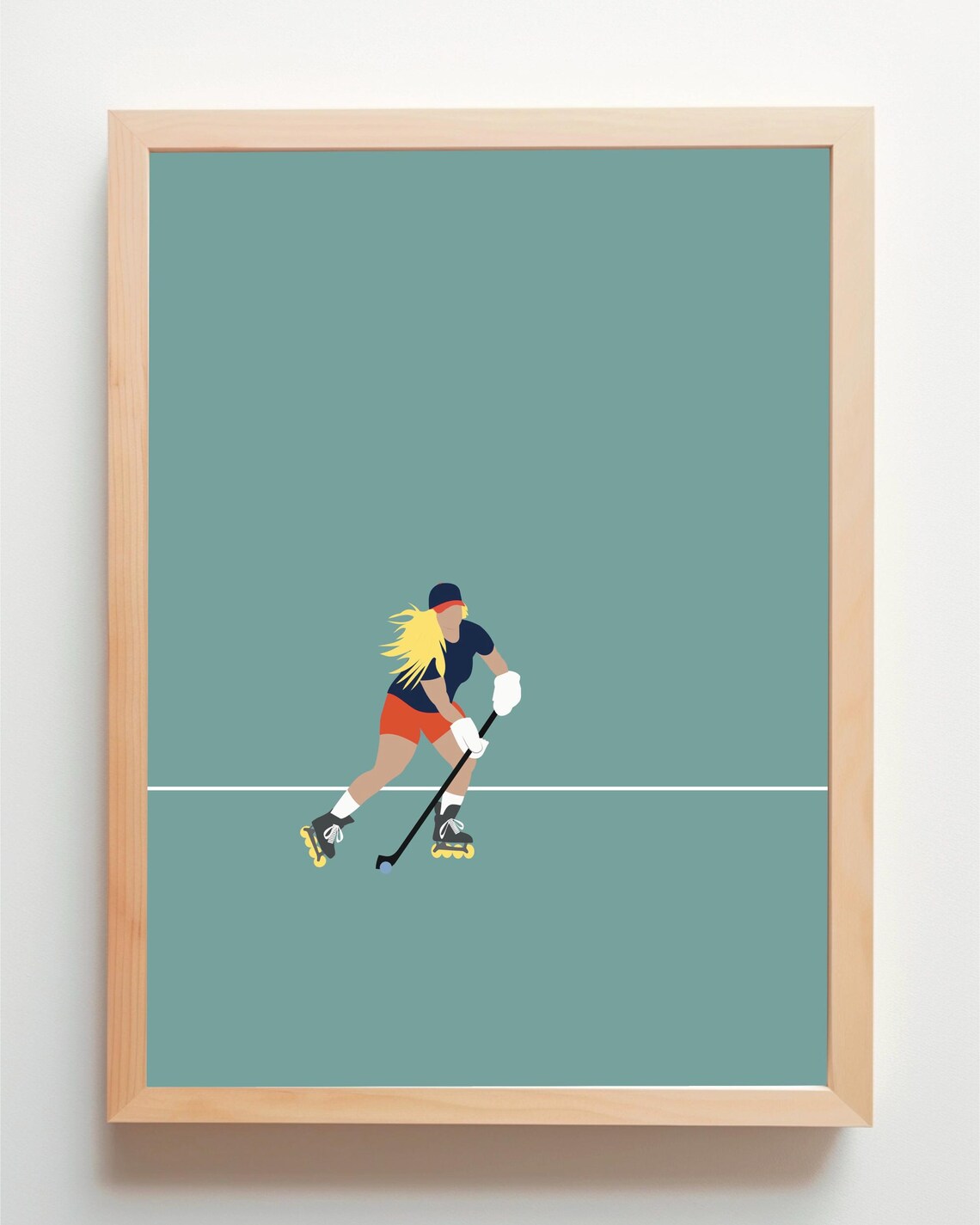 Female Roller Hockey Player Gliding Across Teal Sports Art Poster - Image 5