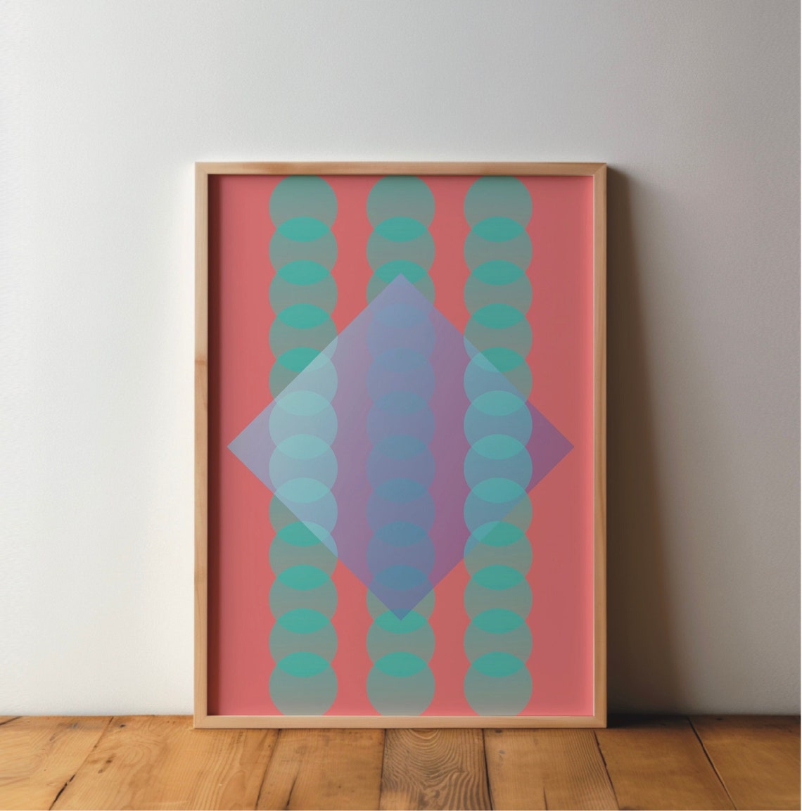 Coral Teal Diamond Circles Geometric Modern Abstract Art Poster