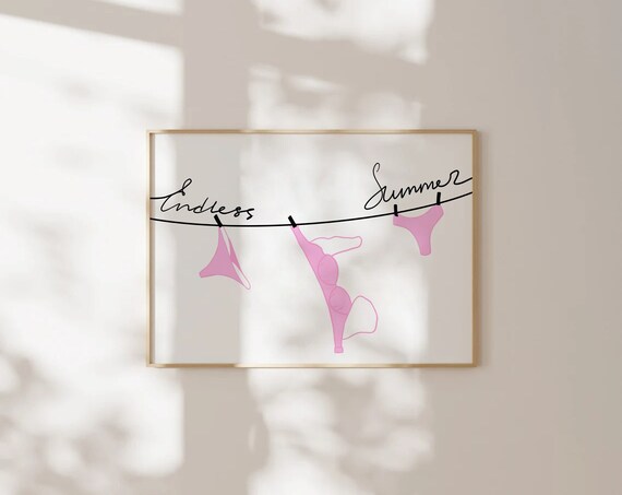 Endless Summer Pink Bikinis on Clothesline Cute Coastal Wall Art