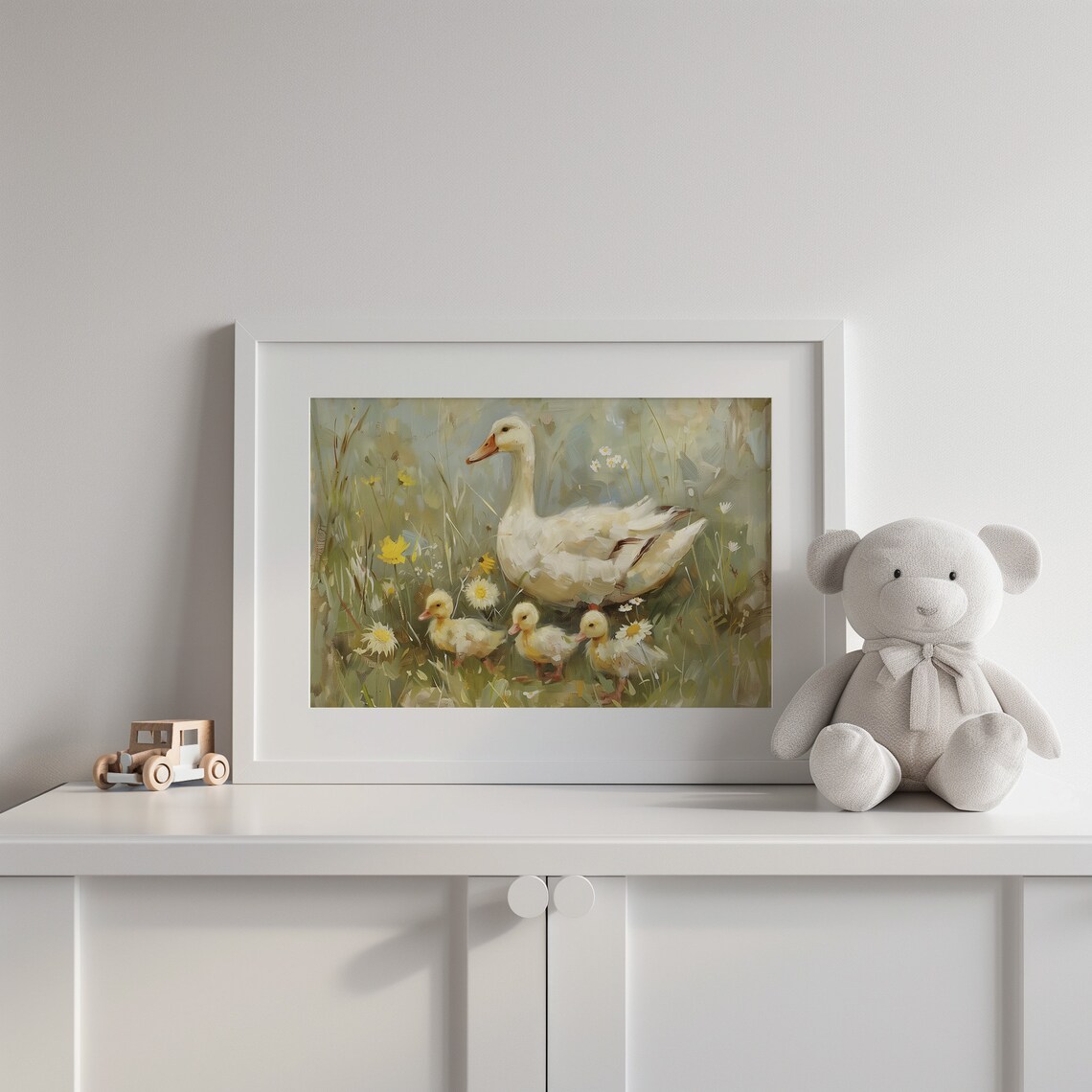 Mother Duck and Ducklings Wildflower Meadow Vintage Oil Painting Poster - Image 2