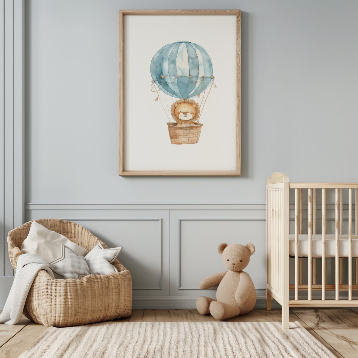 Lion Cub Blue Hot Air Balloon Baby Boy Nursery Watercolor Poster - Image 3