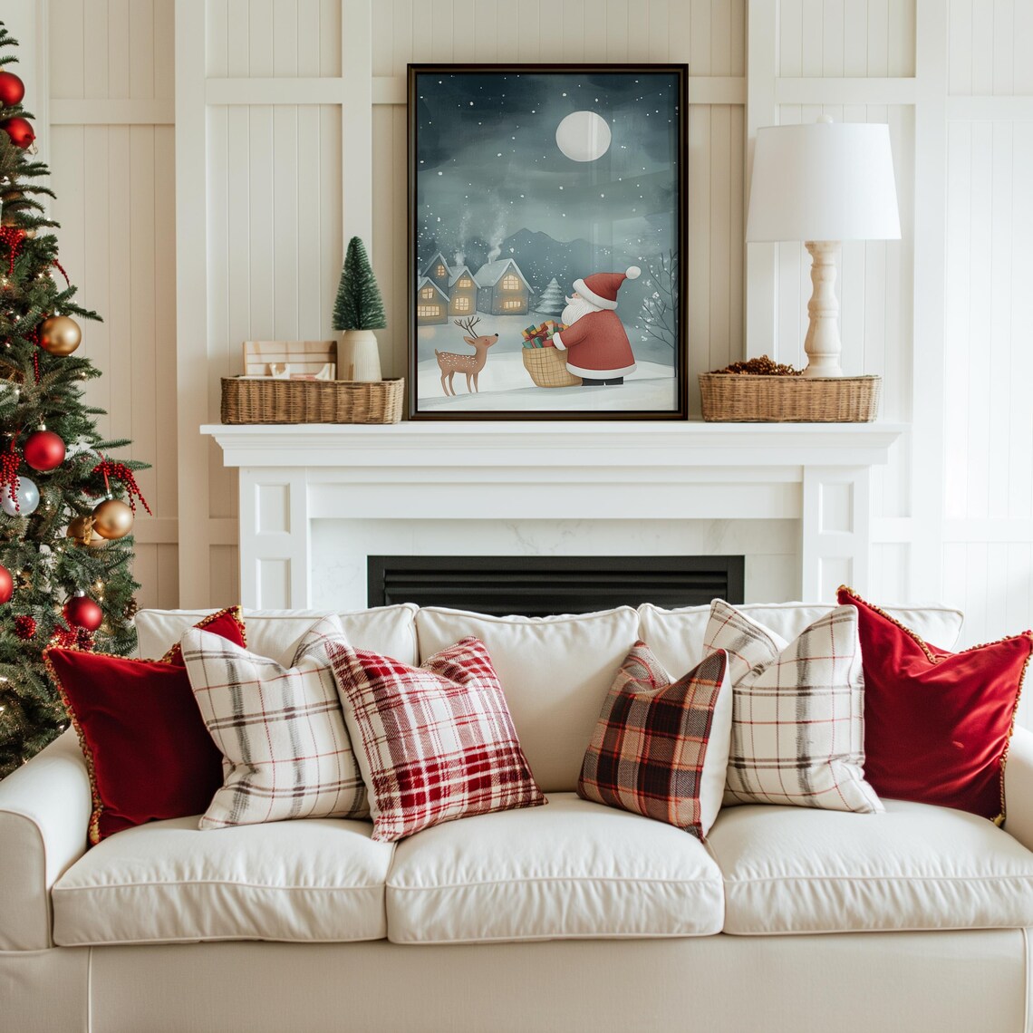 Santa Claus Reindeer Moonlit Village Watercolor Christmas Poster - Image 3