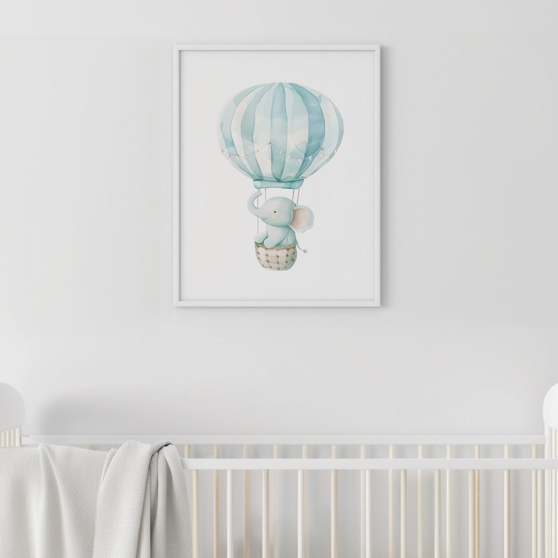 Baby Elephant Blue Hot Air Balloon Boy Nursery Watercolor Poster - Image 2