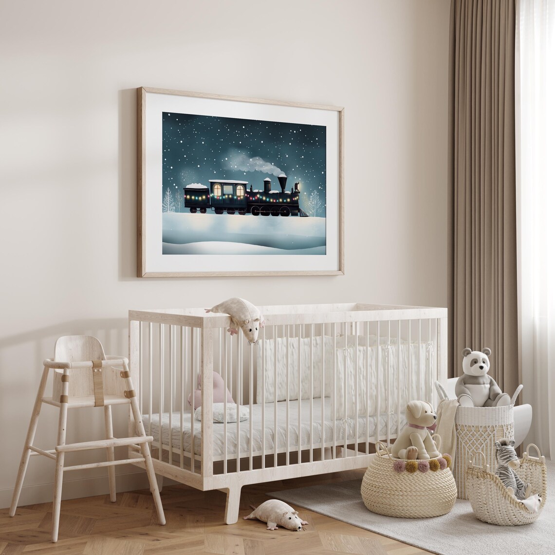 Christmas Steam Train Colorful Lights Snowy Night Watercolor Poster - Image 3