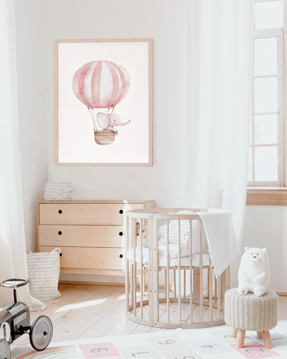 Pink Elephant Hot Air Balloon Watercolor Nursery Baby Wall Art - Image 4