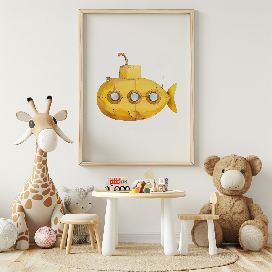 Cute Yellow Submarine Watercolor Nautical Kids Playroom Wall Art - Image 3