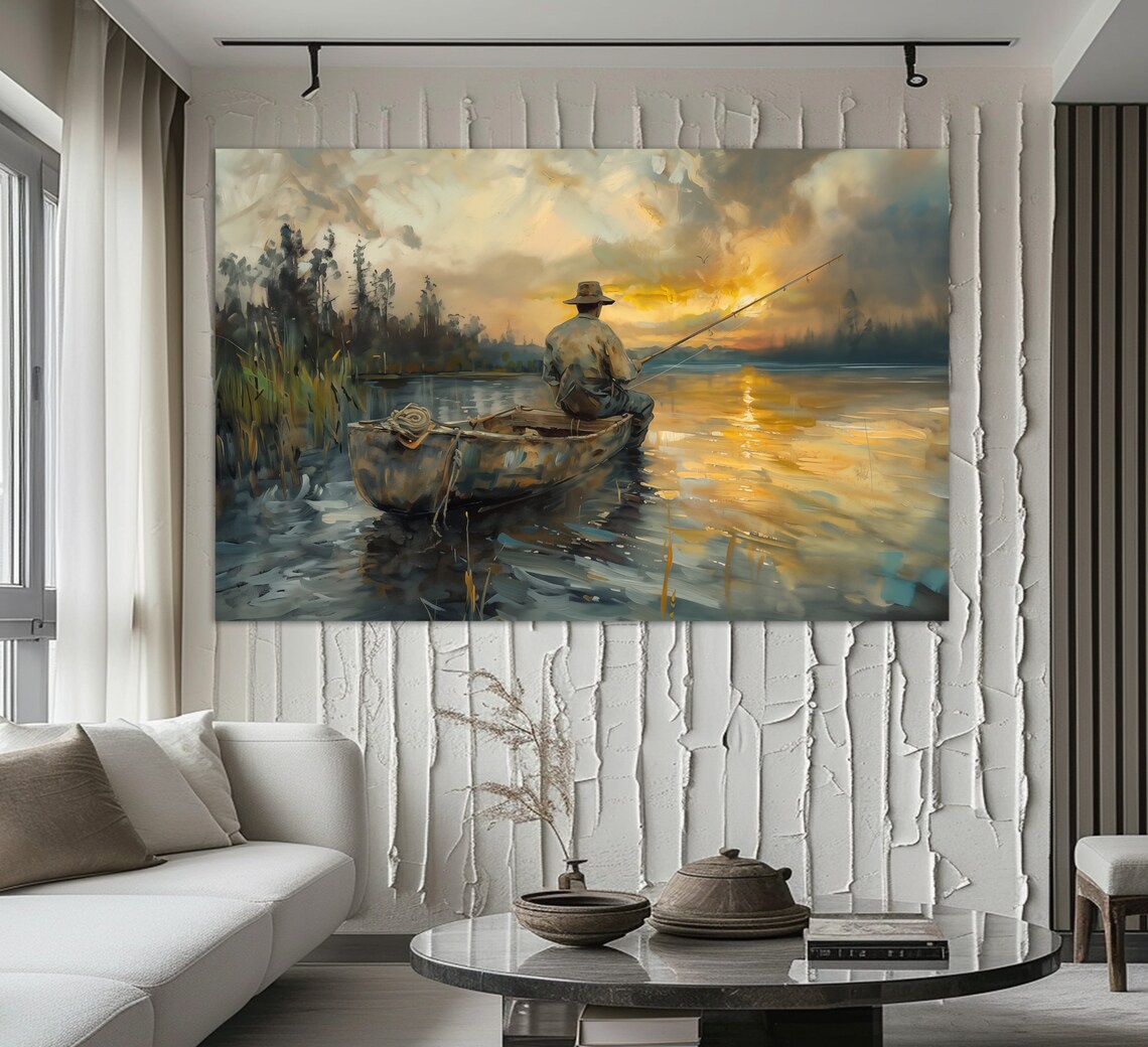 Fisherman In Wooden Canoe At Golden Sunset Lake Painting Wall Art